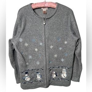 Carroll Reed Y2K Christmas Sweater Snowmen Full Zip Women's Size Large Winter